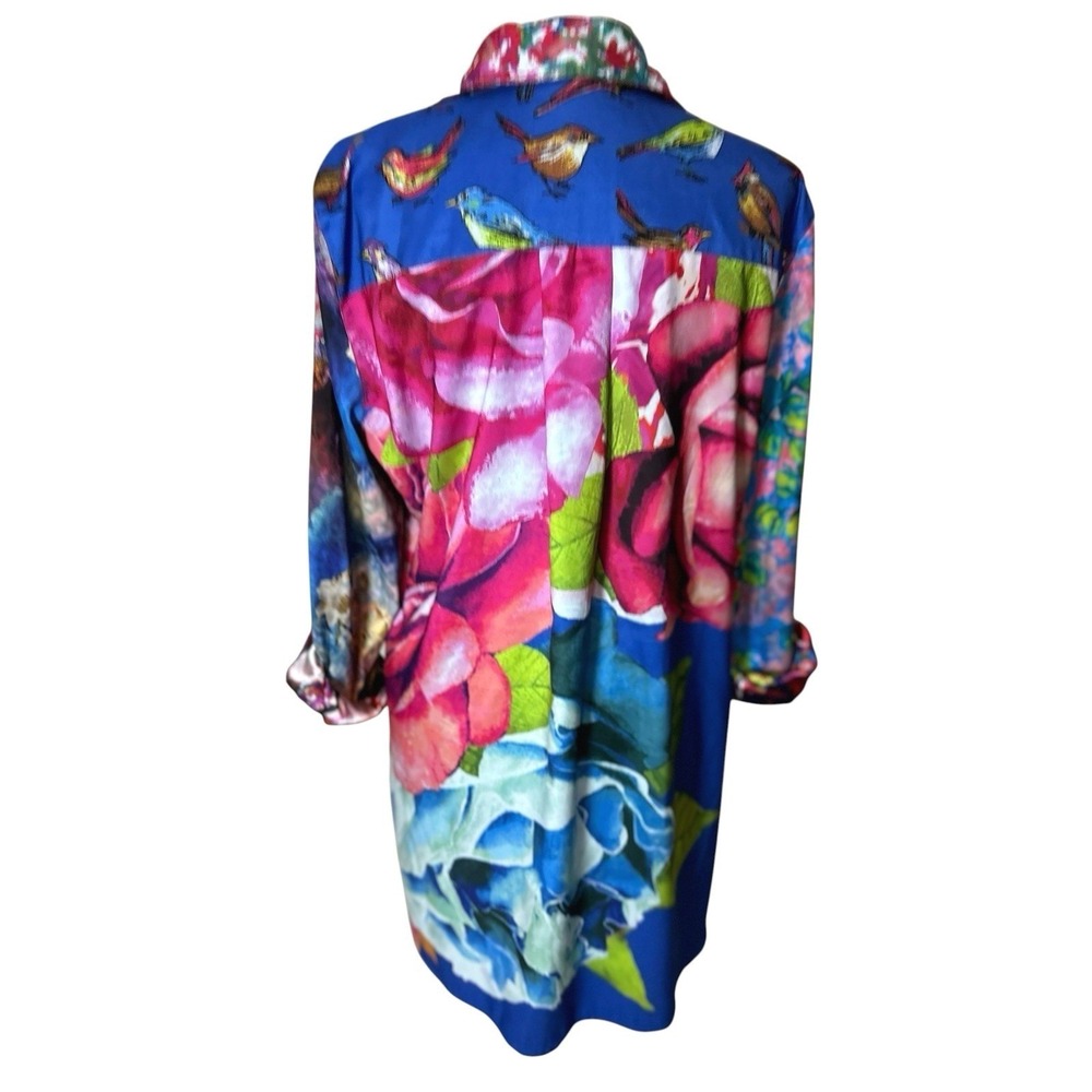 John Mark Mixed Media Blouse Floral Bird Button Tunic Shirt Large Art to Wear